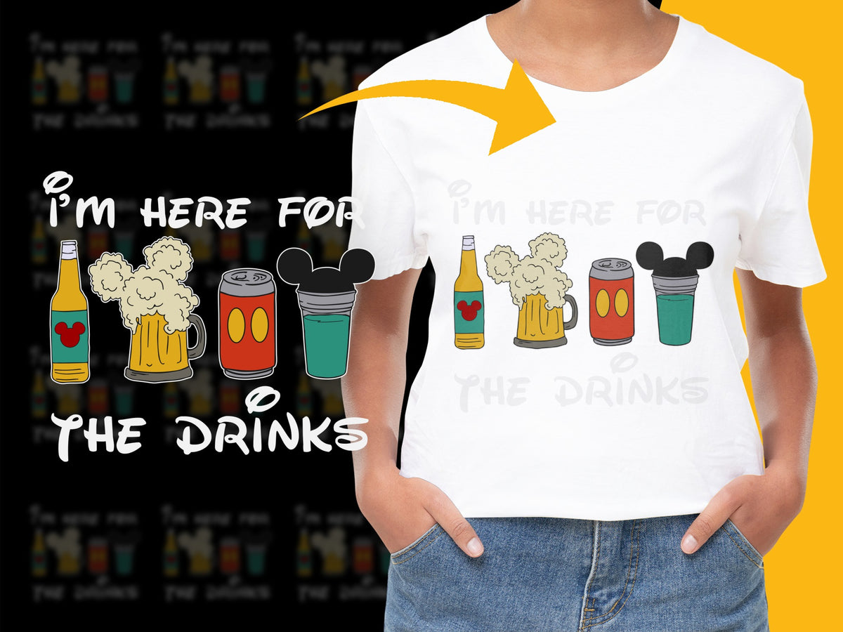 Disney Drinks T-Shirt, I'm Here For The Drinks Graphic Tee, Unisex Adult Casual Wear, Theme Park Inspired Shirt