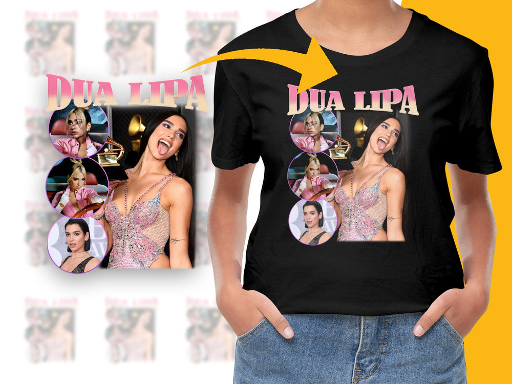 Dua Lipa Fan T-Shirt, Pop Star Collage Graphic Tee, Music Celebrity Fashion, Unisex Black Shirt