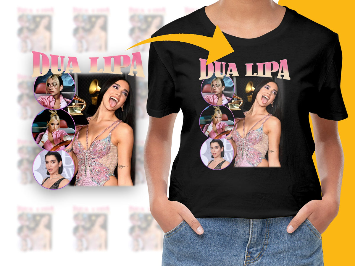 Dua Lipa Fan T-Shirt, Pop Star Collage Graphic Tee, Music Celebrity Fashion, Unisex Black Shirt
