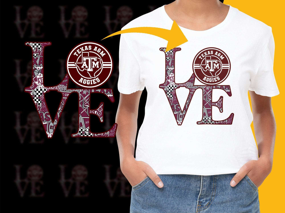 Texas AandM Aggies Love T-Shirt, Maroon White College Fan Apparel, Graphic Tee for Alumni and Students
