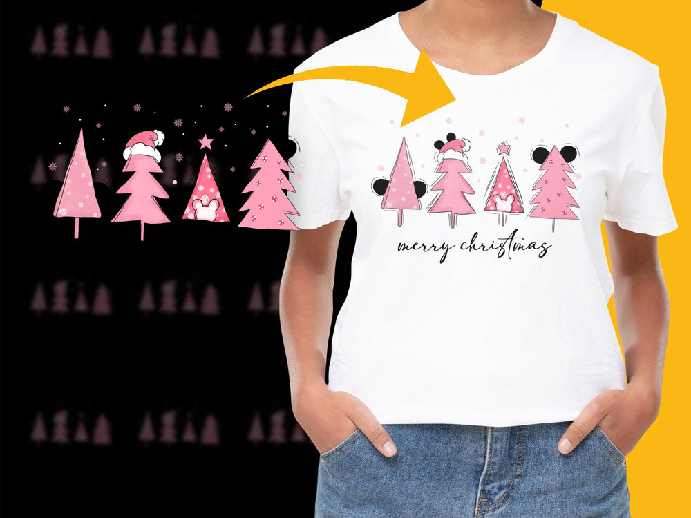 Merry Christmas T-Shirt, Cute Santa and Bears, Pink Trees, Holiday Gift, Festive Tee for Kids and Adults