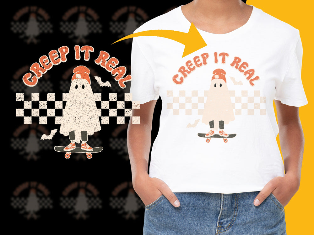 Creep It Real Ghost Skateboard Halloween T-Shirt, Funny Spooky Tee, Casual Autumn Graphic Top, Unisex Fashion Shirt