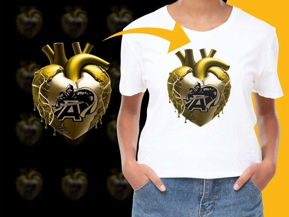 Graphic Heart Design T-Shirt, Stylish Gold and Black Motif, Bold Youth Fashion, Casual Streetwear Tee
