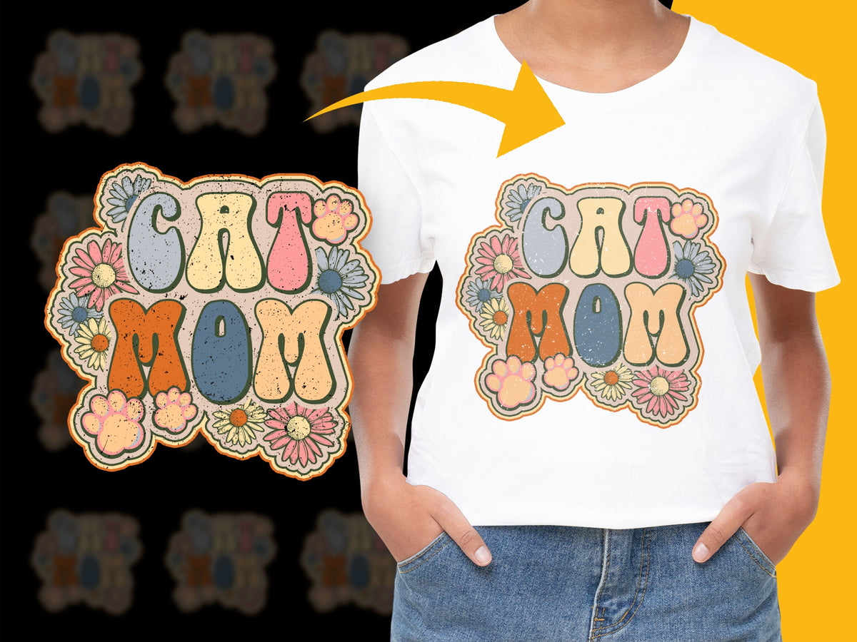 Cat Mom Floral T-Shirt, Cute Retro Style Graphic Tee, Colorful Gift for Pet Lovers, Unique Mother's Day Present
