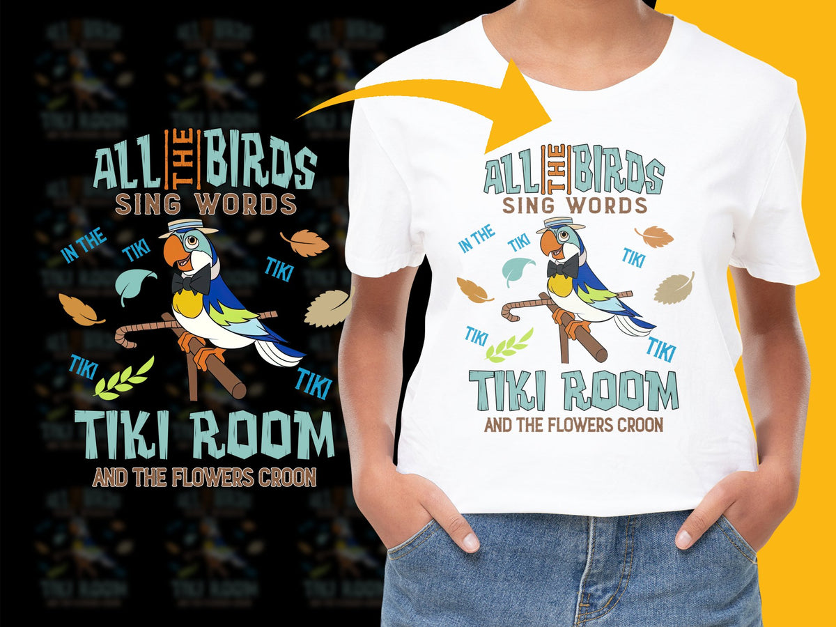 Tropical Parrot Tiki Room Graphic T-Shirt, Colorful Birds Sing Words, Fun Summer Top