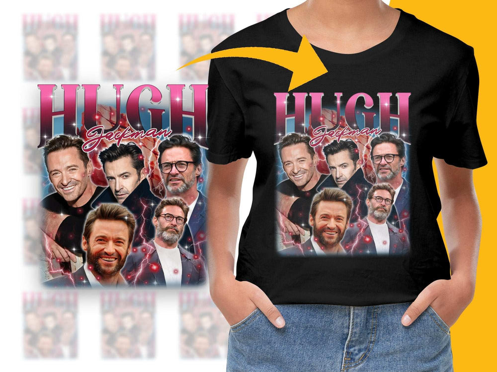 Hugh Jackman Graphic T-Shirt, High Jackman Movie Collage Tee, Unique Fan Merch, Colorful Celebrity Shirt