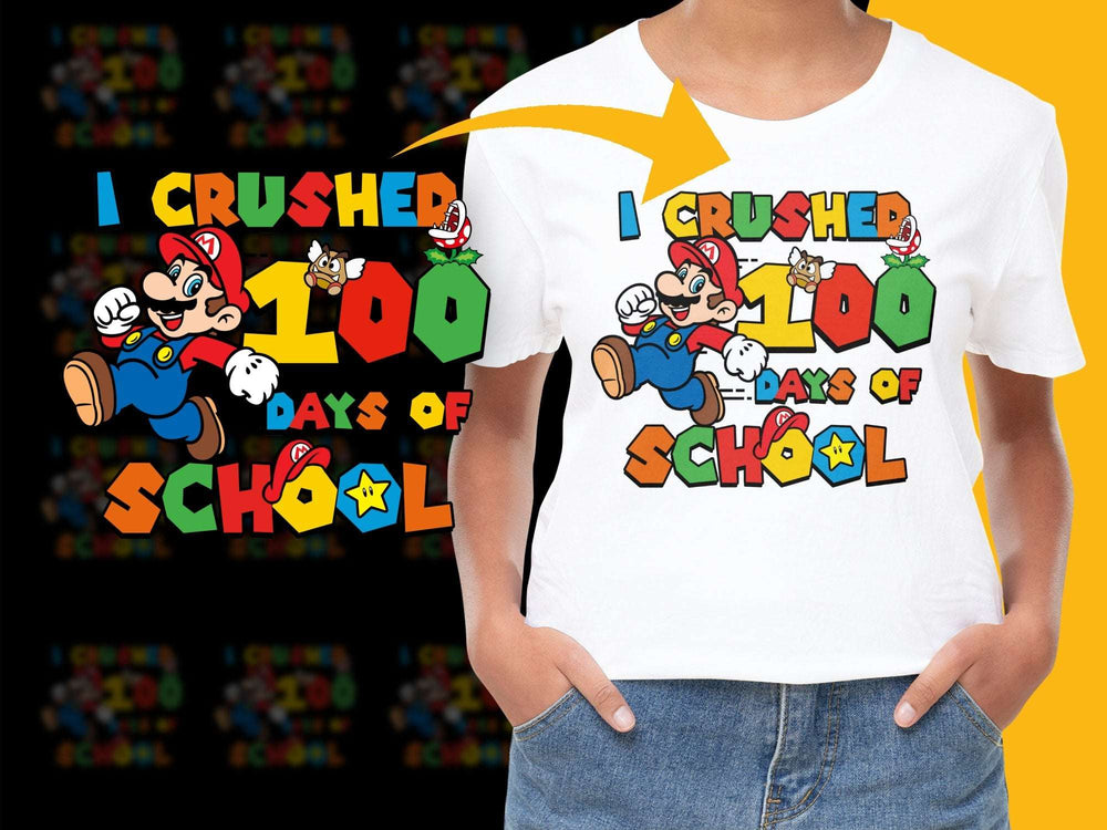Kids Mario T-Shirt 'I Crushed 100 Days of School' - Colorful School Celebration Tee, Fun Video Game Character Shirt for Children