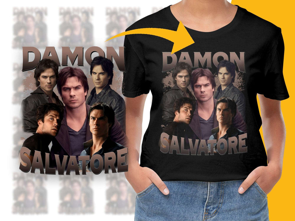 Damon Salvatore Graphic T-Shirt, Vampire Inspired Fan Merch, Casual Black Tee, TV Show Character Collage, Unisex Top