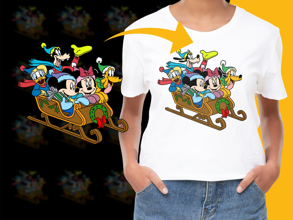 Cartoon Character Sleigh Ride T-Shirt, Festive Holiday Graphic Tee, Colorful Family Apparel