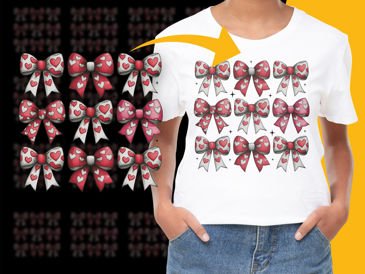 Cute Heart Bow Pattern T-Shirt, Trendy Graphic Tee for Women, Casual Summer Fashion Top, Unique Gift Idea