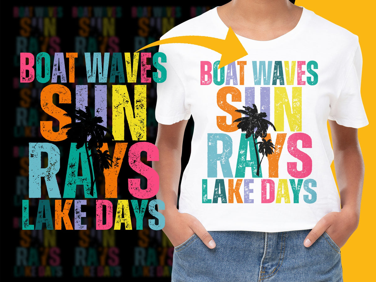 Colorful Beach Themed T-Shirt, Boat Waves Sun Rays, Summer Vibes Casual Top