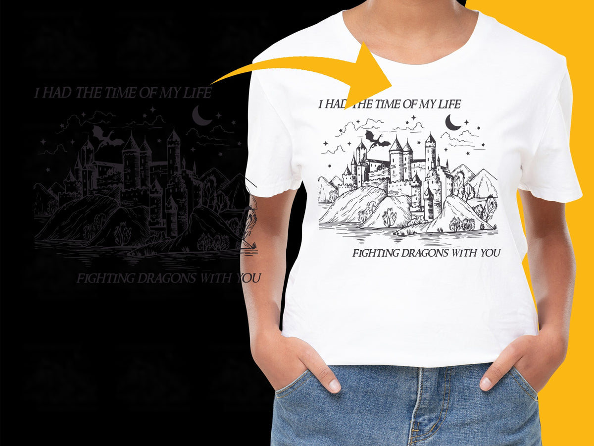 Fantasy Castle Dragon Graphic T-Shirt, Adventure Medieval Art, Unisex White Tee, Unique Illustration Shirt, Gift for Fantasy Lovers