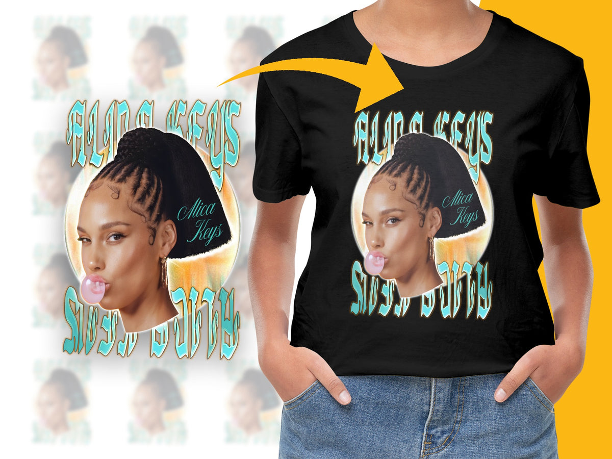 Women's Black T-Shirt with Alicia Keys Graphic Design, Vintage Style Casual Wear