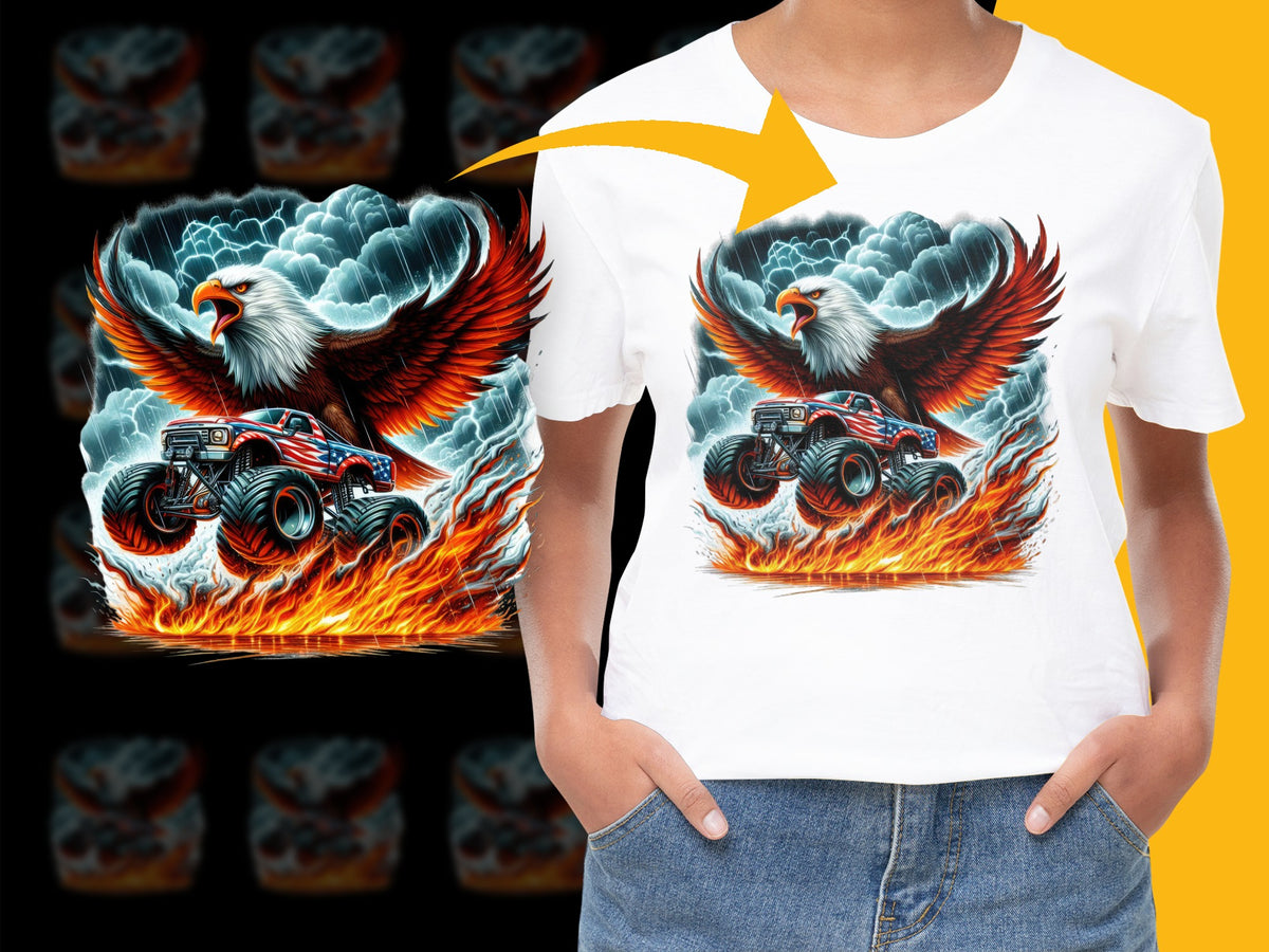 American Eagle Monster Truck With Flames Patriotic Design PNG File