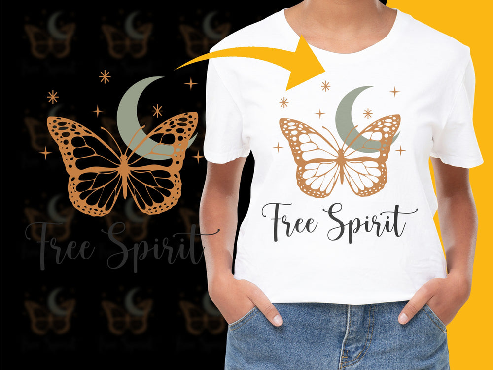 Free Spirit Butterfly T-Shirt, Graphic Moon Stars Tee, Boho Style Casual Top, Unique Gift Idea