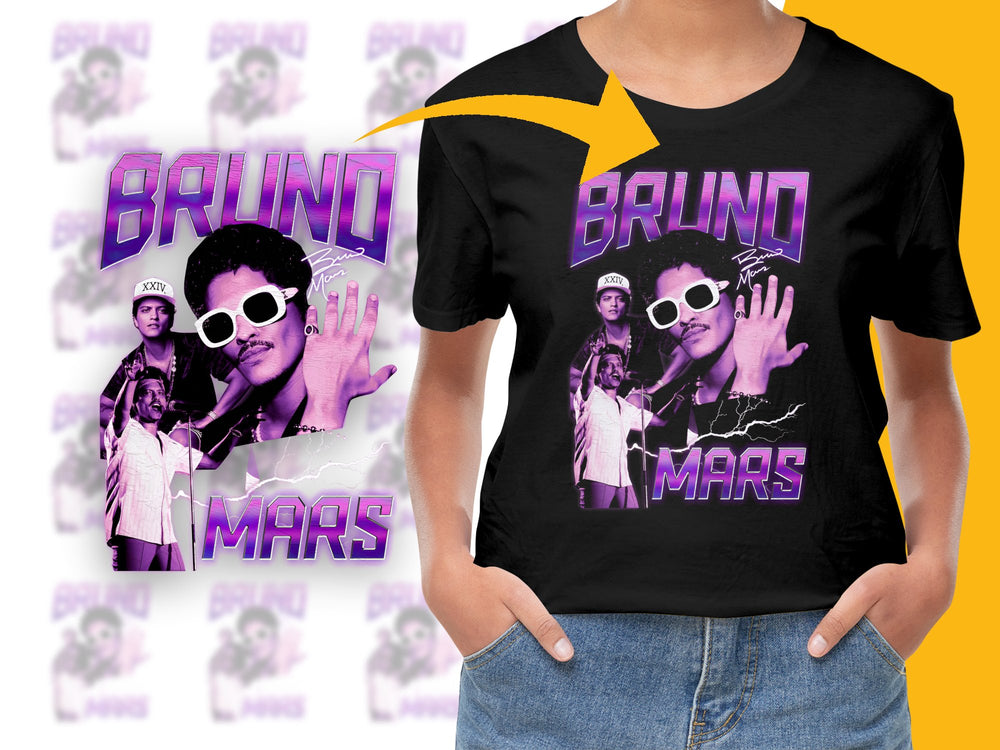 Bruno Mars Inspired Graphic T-Shirt, Retro Pop Art Design, Music Fan Apparel, Bold Purple and Black Colors