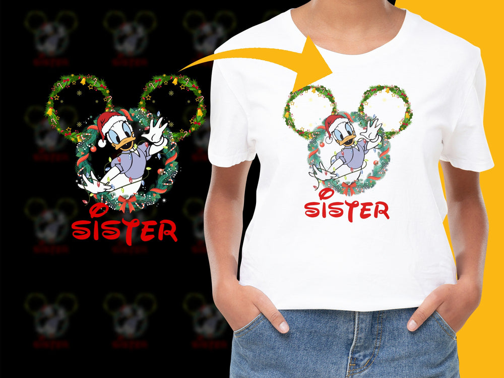 Disney Daisy Duck Christmas Wreath T-Shirt, Sister Holiday Gift, Cute Cartoon Character Tee, Festive Kids Apparel
