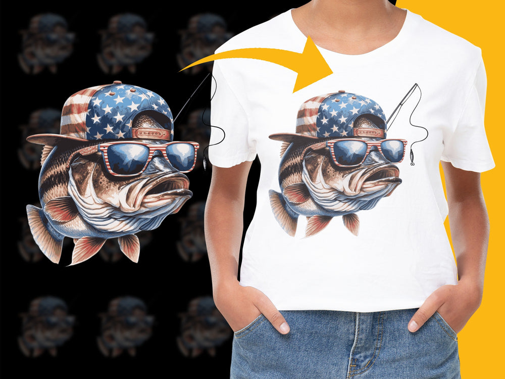 Patriotic Fish T-Shirt, American Flag Hat Sunglasses Fishing Theme, Graphic Tee, Unisex Summer Casual Top