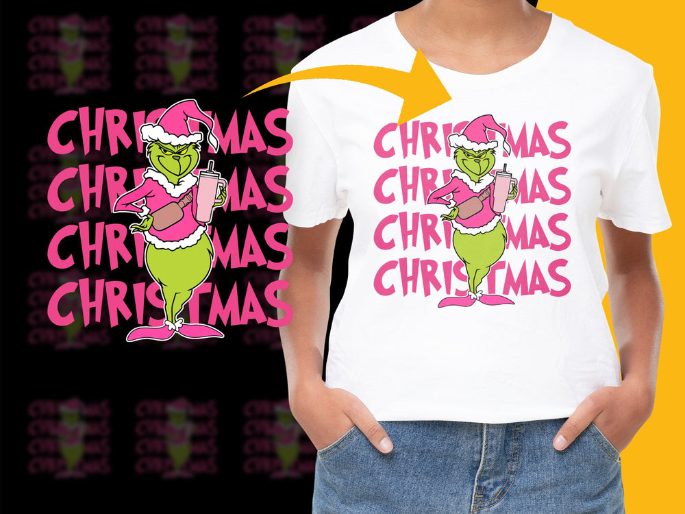 Christmas Grinch T-Shirt, Funny Holiday Tee, Pink Graphic, Unisex Adult Kids Size