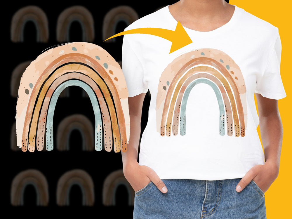 Boho Rainbow T-Shirt, Aesthetic Earth Tone Graphic Tee, Casual Wear for All Ages, Trendy Design, Soft Cotton Material