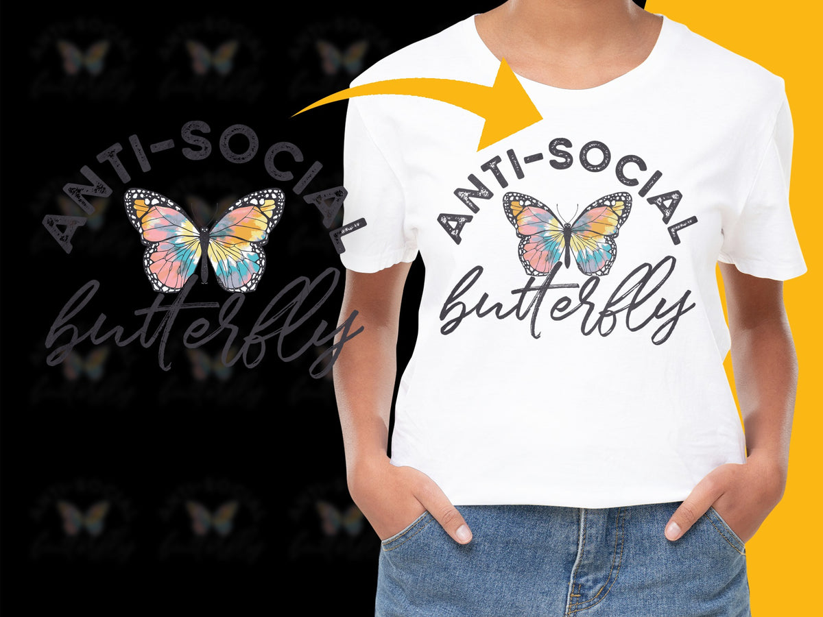 Anti-Social Butterfly T-Shirt, Colorful Butterfly Graphic, Trendy Statement Tee, Casual Fashion Top