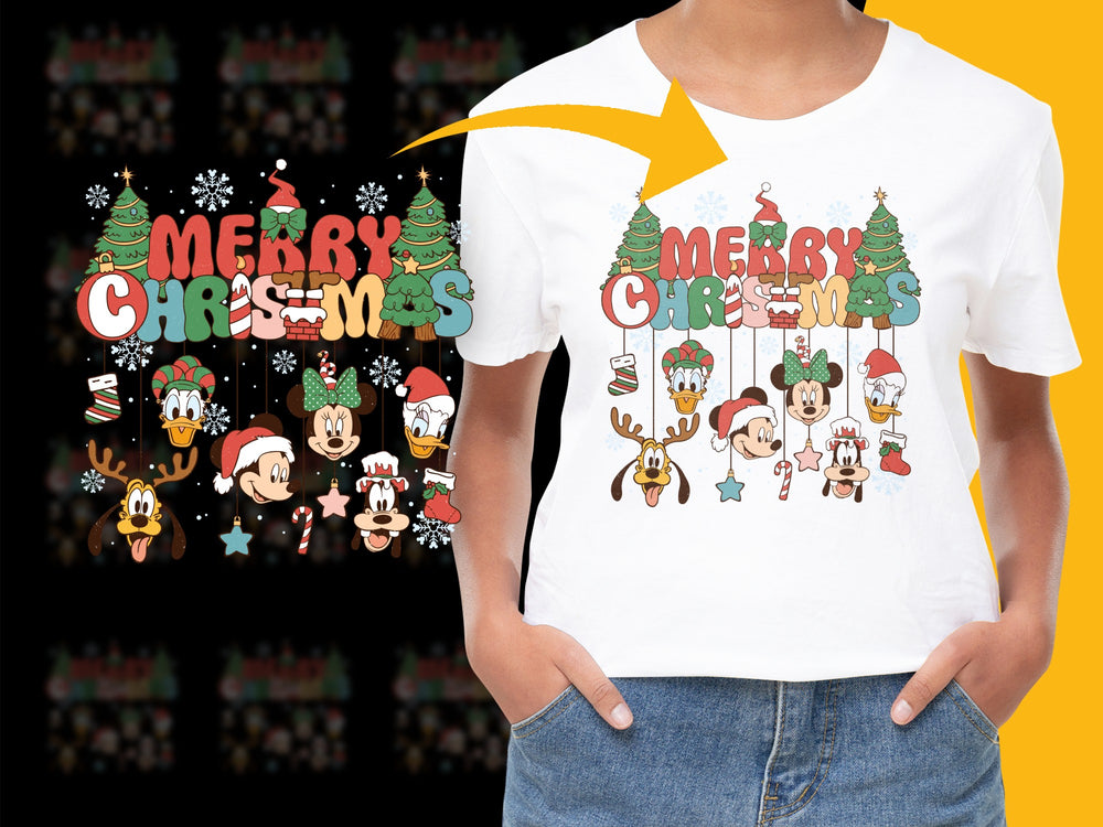 Merry Christmas T-Shirt, Festive Holiday Cartoon Characters, Kids and Adults Tee, Colorful Winter Apparel
