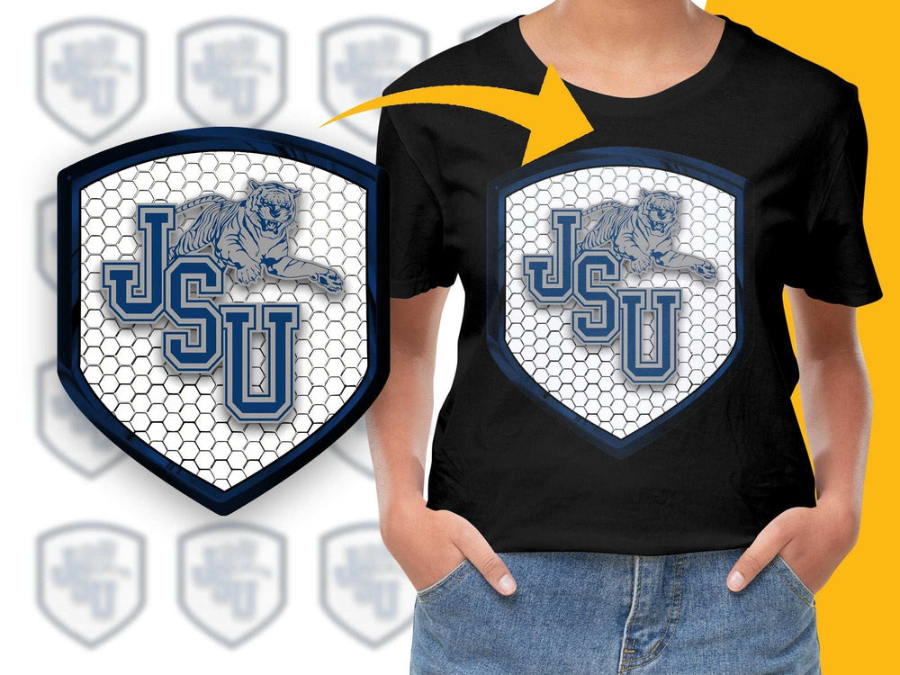 JSU Tiger Logo T-Shirt, Blue and White School Spirit Tee, Hexagon Pattern, Unisex Adult Sizes