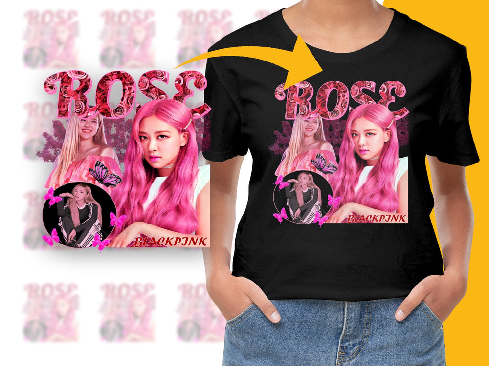 BLACKPINK Rose Inspired T-Shirt, K-Pop Idol Graphic Tee, Stylish Fan Merchandise, Vibrant Pink Design