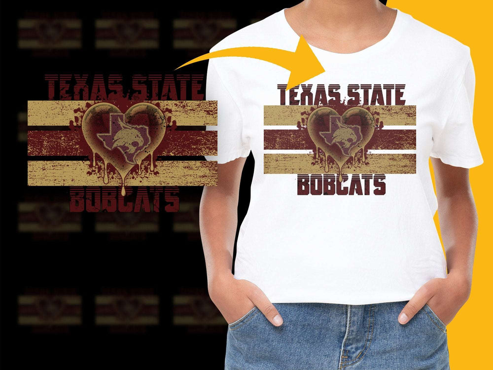 Texas State Bobcats T-Shirt, Vintage Heart Graphic, Maroon and Gold, College Apparel, Unisex Fashion