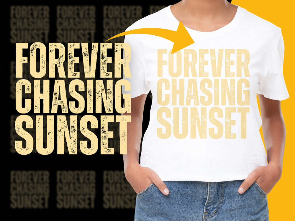 Forever Chasing Sunset Graphic T-Shirt, Unisex Yellow Text Design, Trendy Summer Style Top, Casual Streetwear
