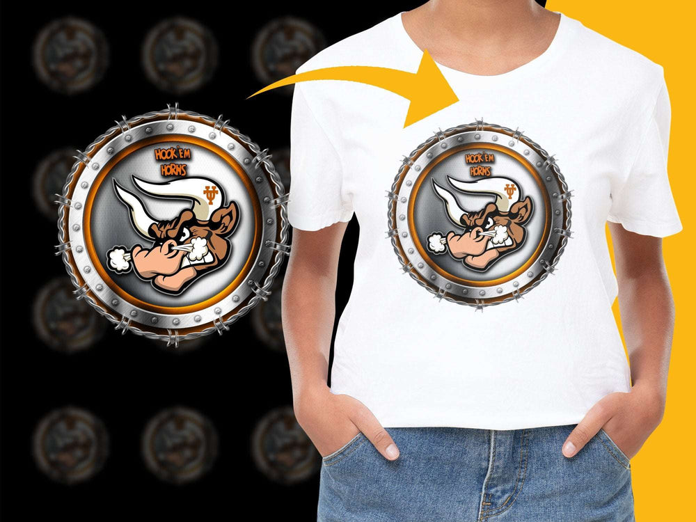 Hook 'Em Horns Graphic T-Shirt, Texas Mascot Bull Logo, Unisex White Tee, Sports Fan Apparel, Casual College Style Shirt