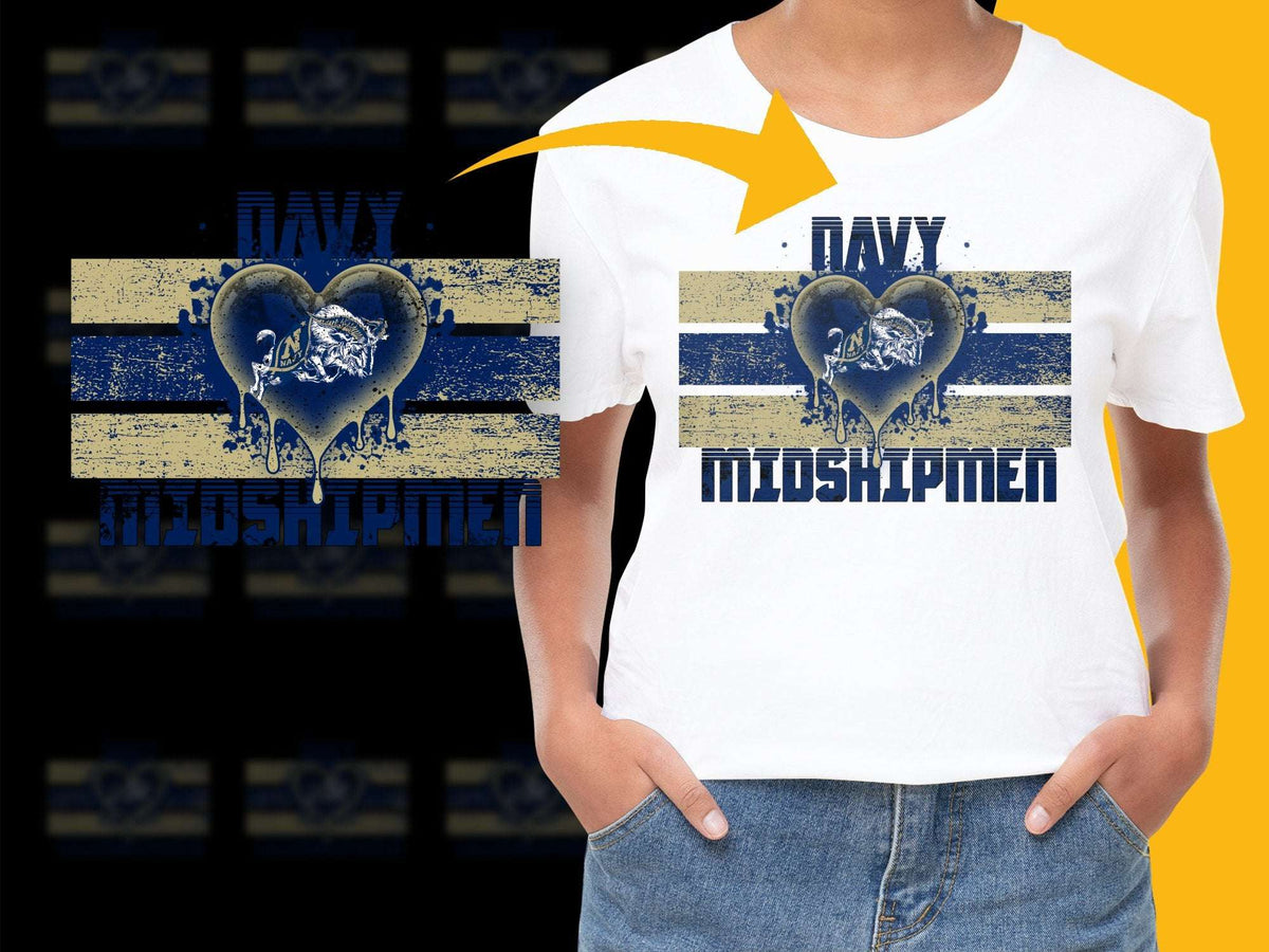 Navy Midshipmen Graphic T-Shirt, Women's White Casual Tee, Patriotic Heart Design, Sports Fan Apparel, Gift for Navy Supporters