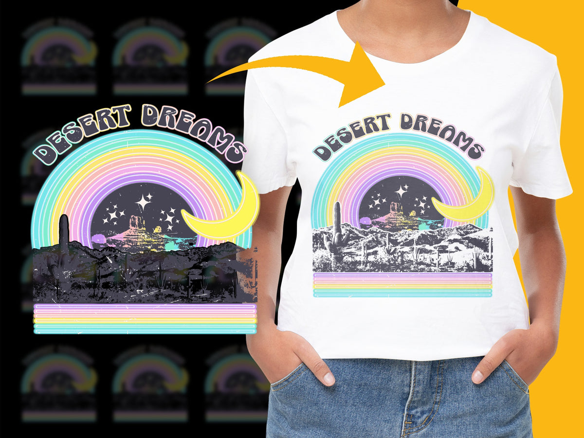Retro Desert Dreams T-Shirt, Vintage Aesthetic Rainbow Graphic Tee, Unisex Casual Streetwear, Colorful Summer Top