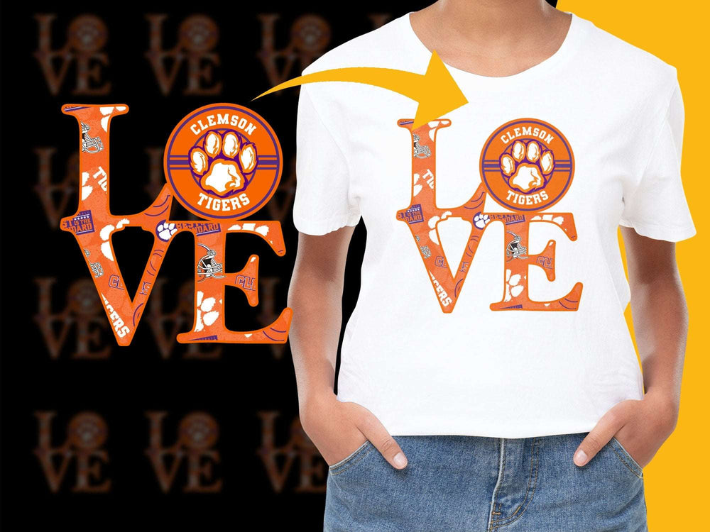 Clemson Tigers Love T-Shirt, College Football Fan Apparel, Orange White Graphic Tee, Sports Team Support Shirt, Unisex Fit