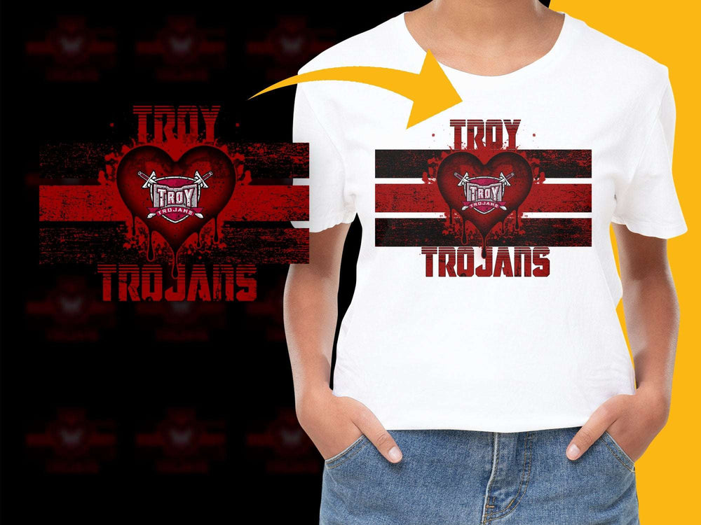 Troy Trojans Heart Design T-Shirt, Red and Black Striped Tee, School Spirit, Sports Fan Apparel