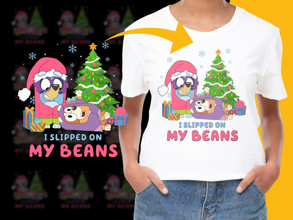 Festive Holiday T-Shirt with Cartoon Characters, Christmas Tree, Gifts, and Funny Quote