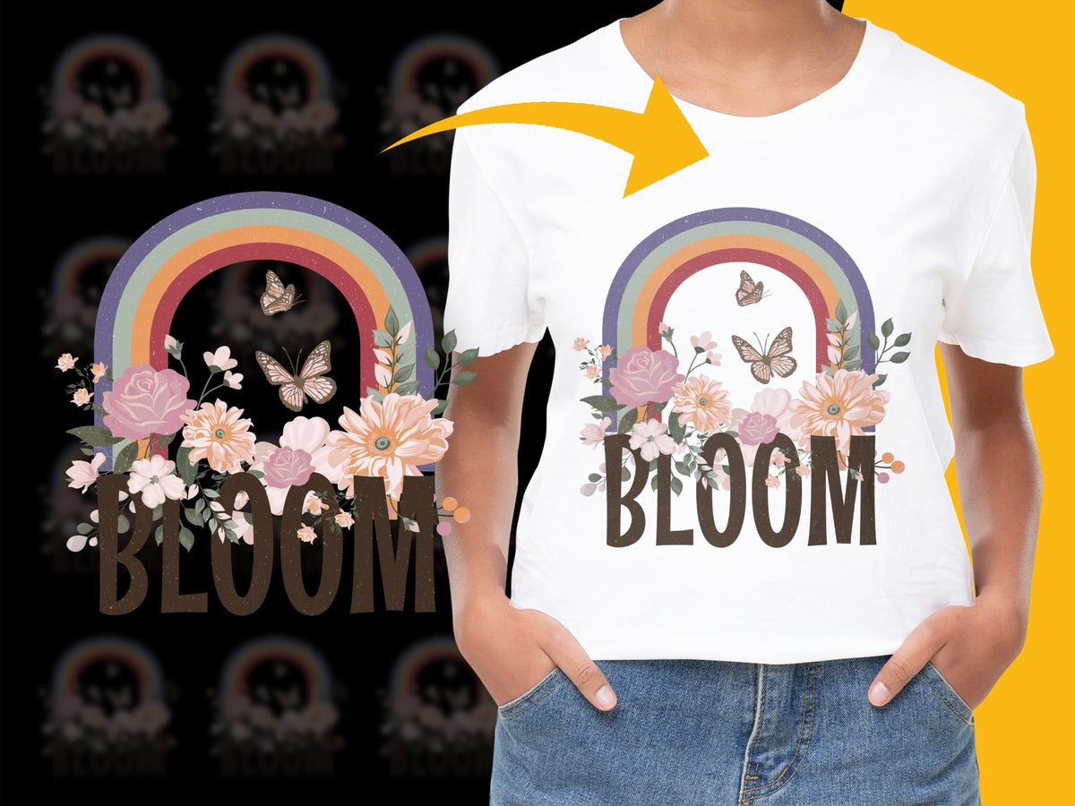 Women's Floral Rainbow Graphic T-Shirt, Bloom Quote, Casual Summer Tee with Butterflies and Flowers, Colorful Stylish Top