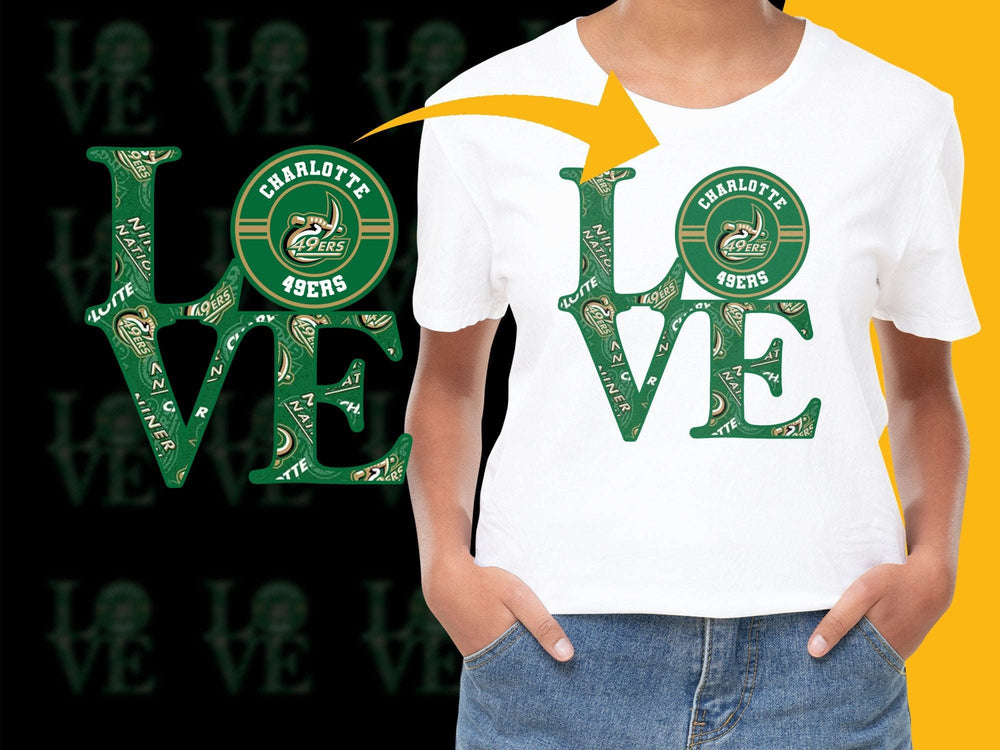 Charlotte 49ers Love Graphic T-Shirt, College Sports Fan Apparel, Green and Gold Tee
