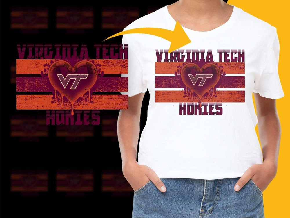 Virginia Tech Hokies T-Shirt, College Team Sportswear, Unisex VT Logo Graphic Tee, Casual Red and Orange Striped Design