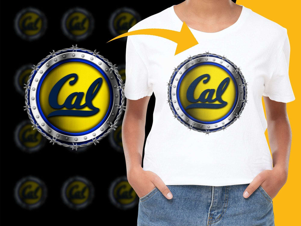 Trendy Graphic T-Shirt with Blue and Yellow 'Cal' Logo, Casual College Style Tee, Unisex Fashion Top