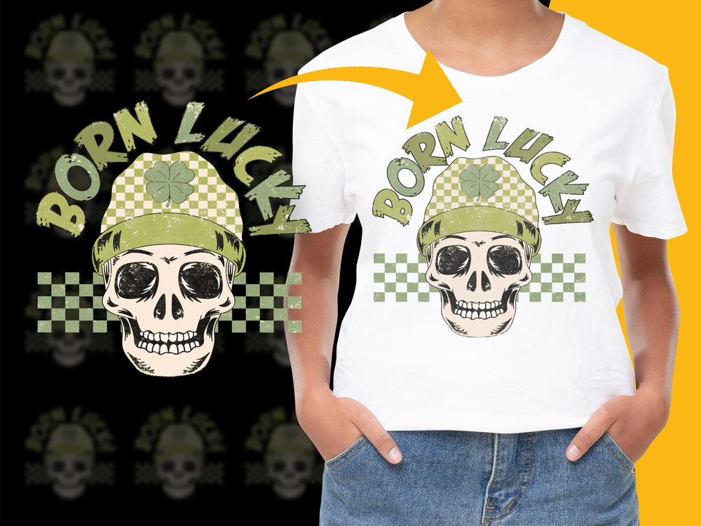Born Lucky Skull T-Shirt, Trendy Graphic Tee, Cool Checkerboard Pattern, Casual Streetwear