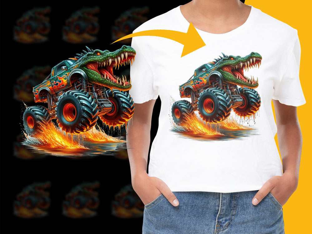 Kids Dragon Monster Truck Graphic T-Shirt, Cool Boys Flame Design Tee, Vibrant Full Color Print Top