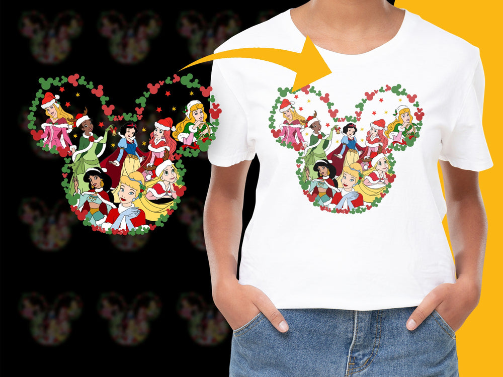 Princess-Themed T-Shirt, Heart Design with Multiple Cartoon Characters, Kids Graphic Tee