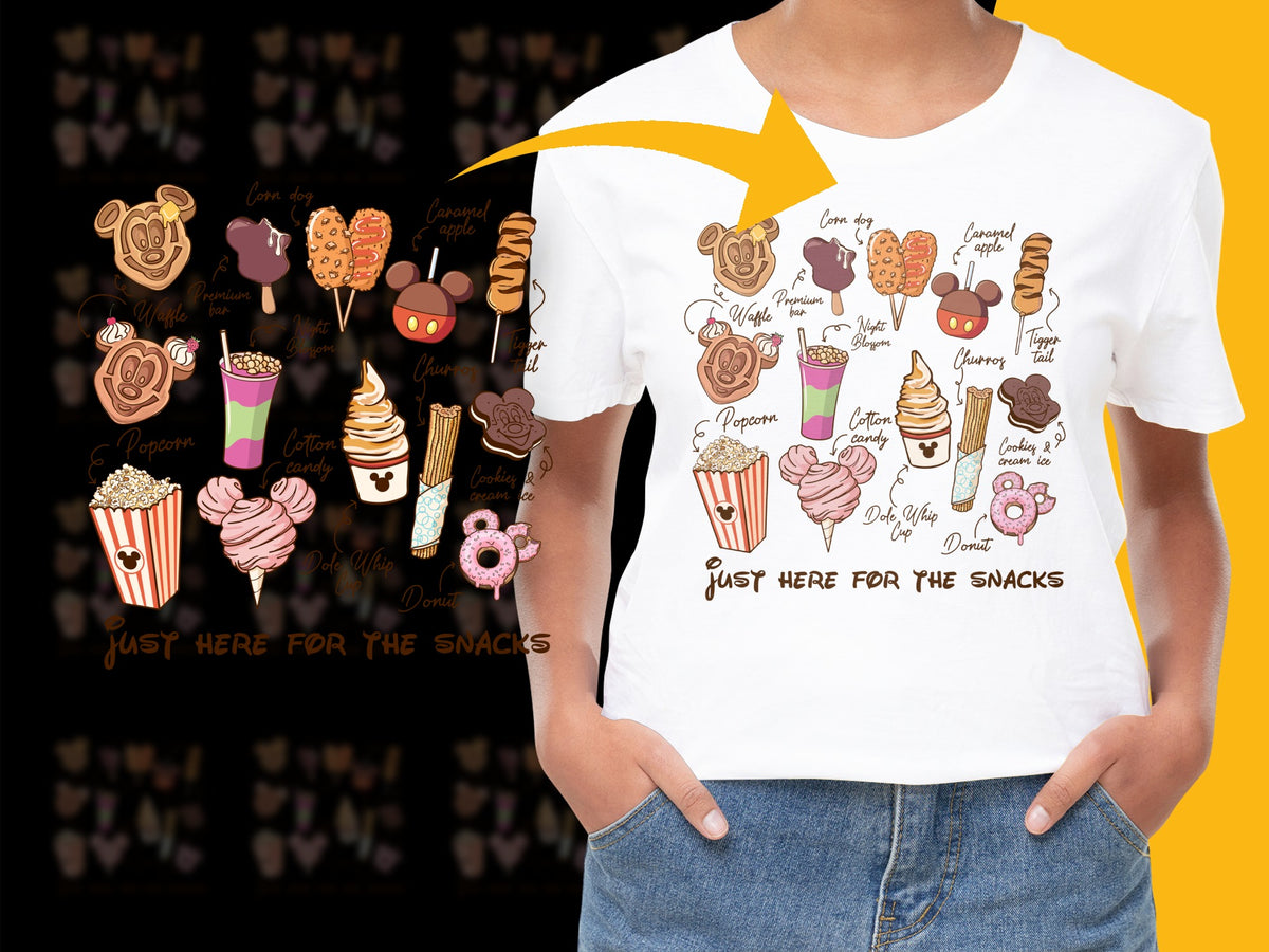Cute Snack Food T-Shirt, Fun Cartoon Popcorn Ice Cream Doughnuts, Casual Graphic Tee for Foodies, Unique Gift Idea