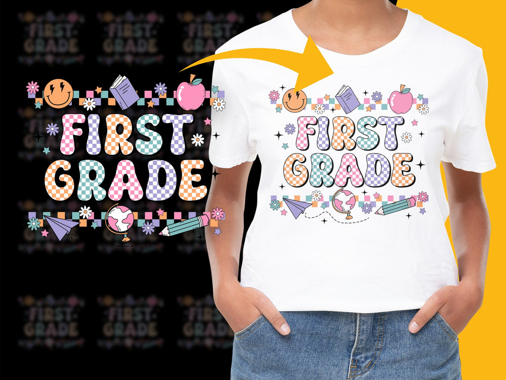 First Grade T-Shirt - Cute Kids Back to School Top, Colorful School Icons Graphic Tee, Unisex Children's Clothing