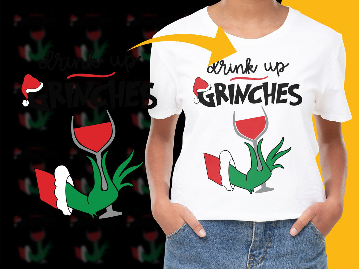 Drink Up Grinches Funny Christmas T-Shirt, Festive Holiday Tee, Women's Wine Lover Holiday Shirt, Casual Xmas Party Outfit