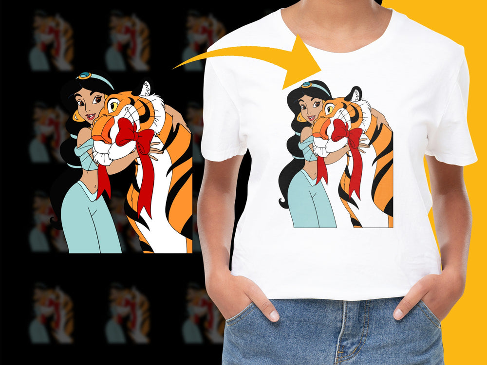 Princess and Tiger Cartoon Graphic T-Shirt, Cute Animated Character Tee, Unisex Kids’ Clothing, Bright White Shirt