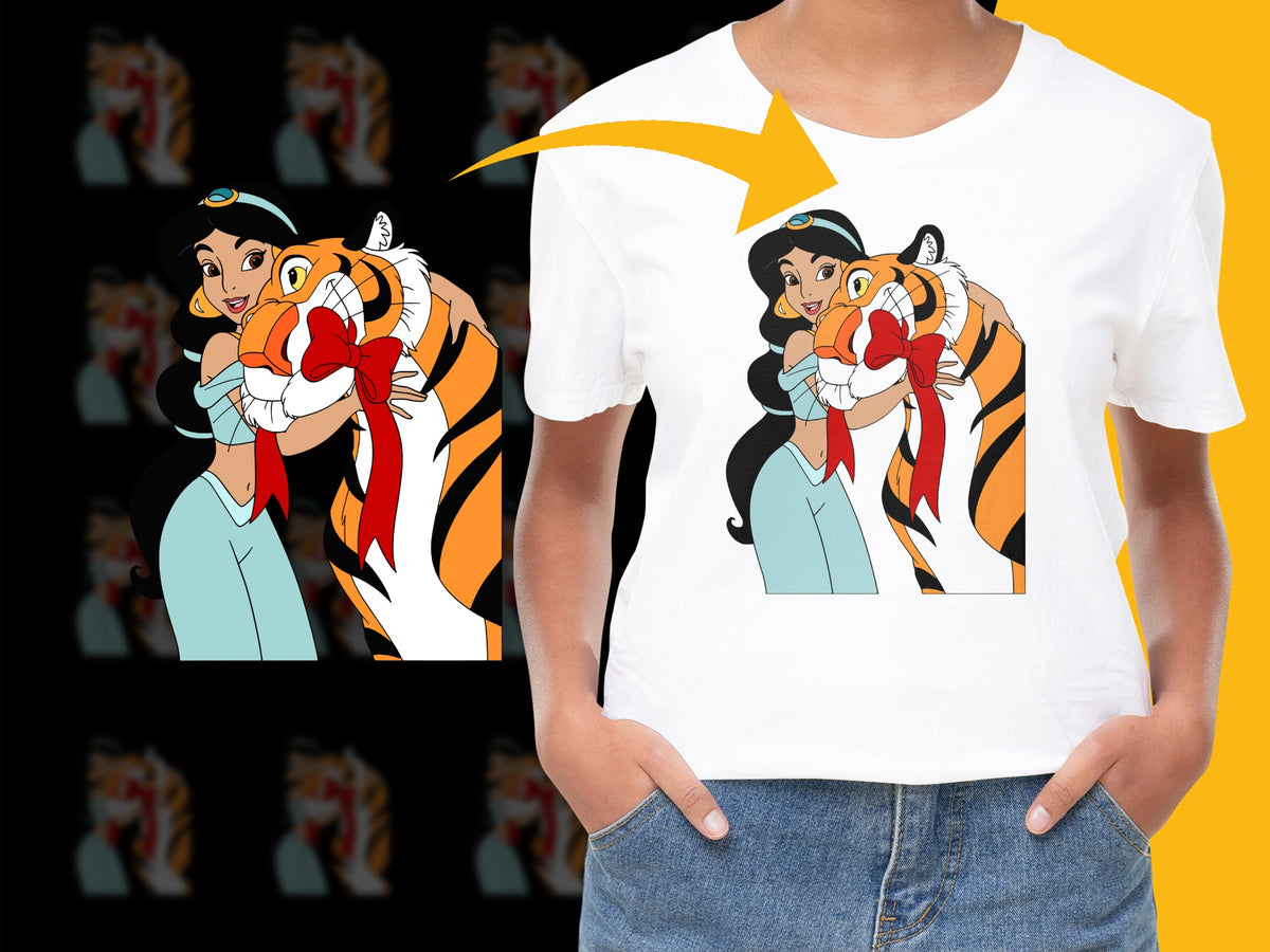 Princess and Tiger Cartoon Graphic T-Shirt, Cute Animated Character Tee, Unisex Kids’ Clothing, Bright White Shirt