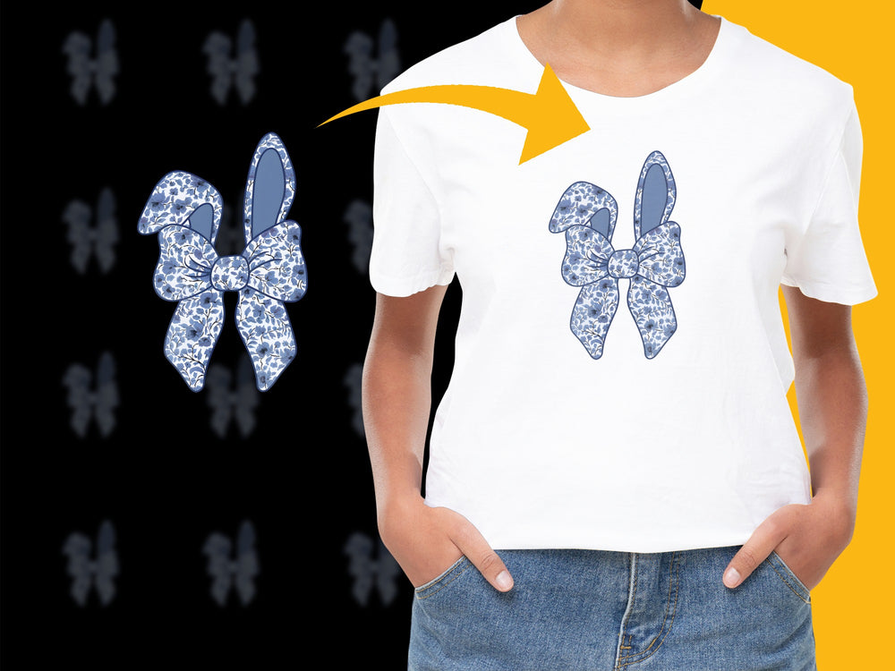Women's White T-Shirt with Blue Bow Print, Casual Graphic Tee, Summer Fashion Top, Trendy Bow Design Shirt