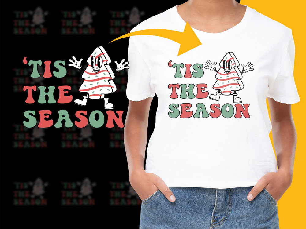 Festive Holiday T-Shirt 'Tis The Season' Christmas Tree Graphic Tee, Unisex Adult and Kids Sizes, White Cotton Shirt